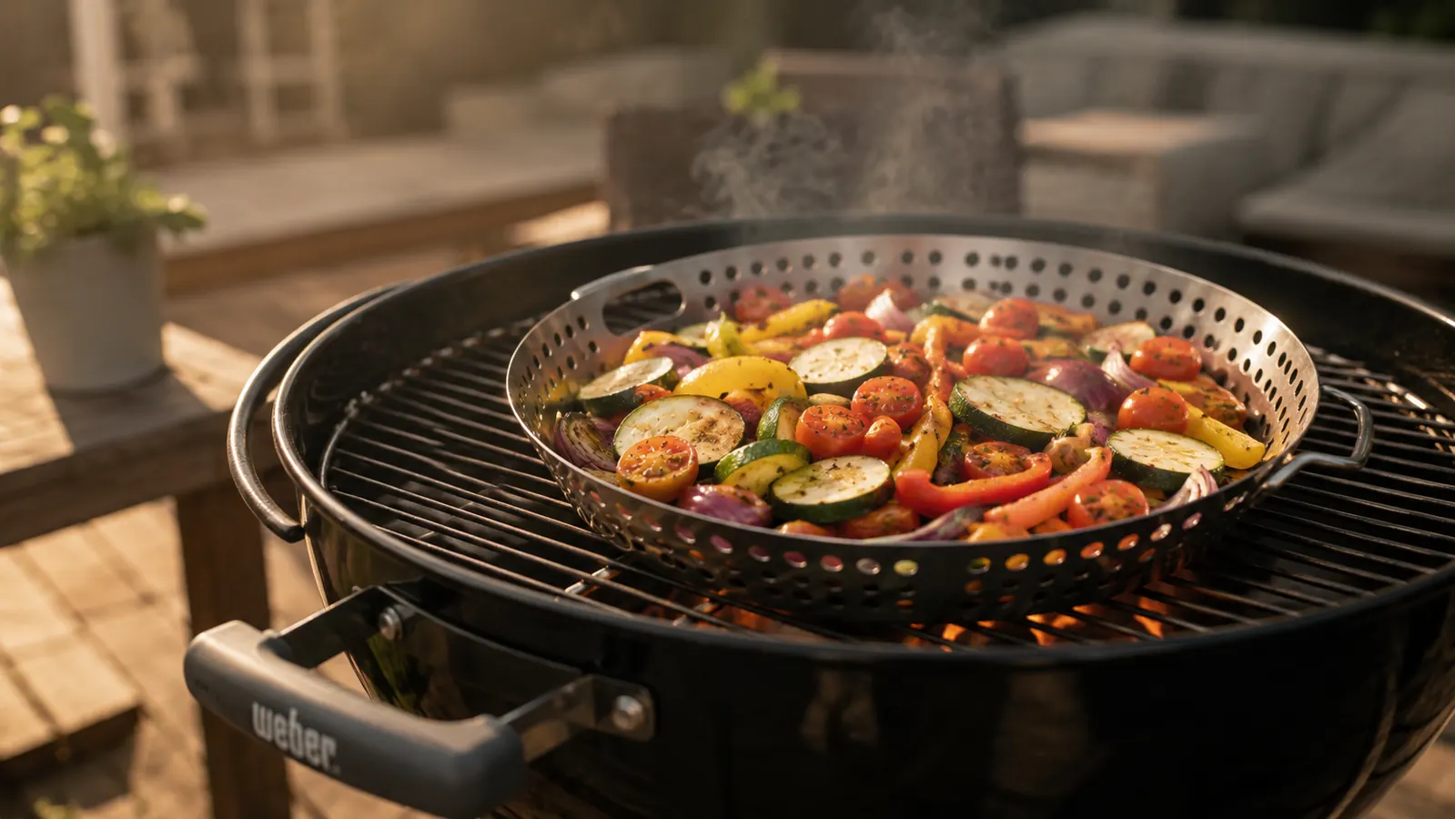 Weber Deluxe Grilling Basket filled with colorful mixed vegetables sitting on a charcoal grill grate with smoke rising around it