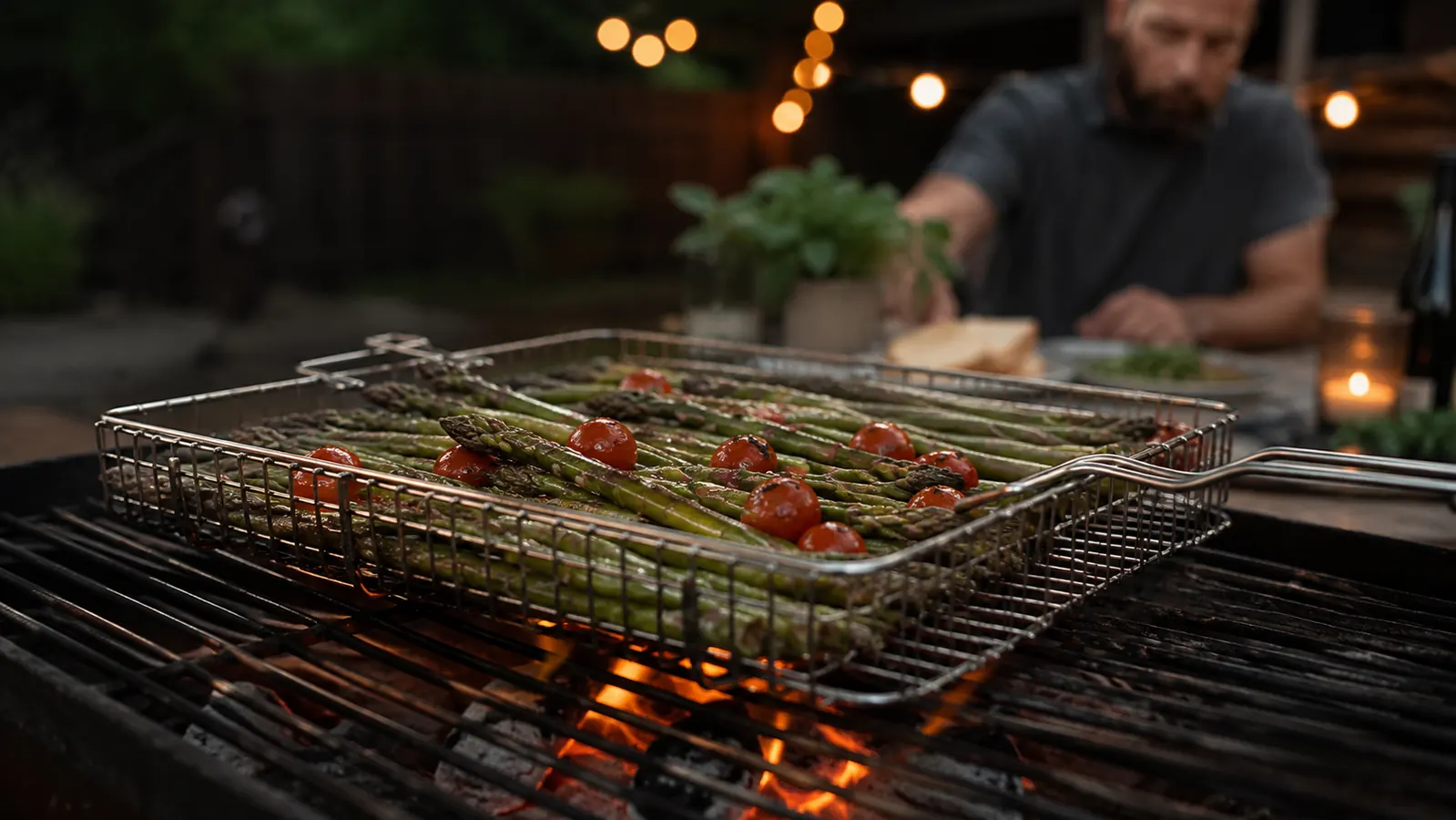 Grill basket full of asparagus and cherry tomatoes over glowing charcoal flames