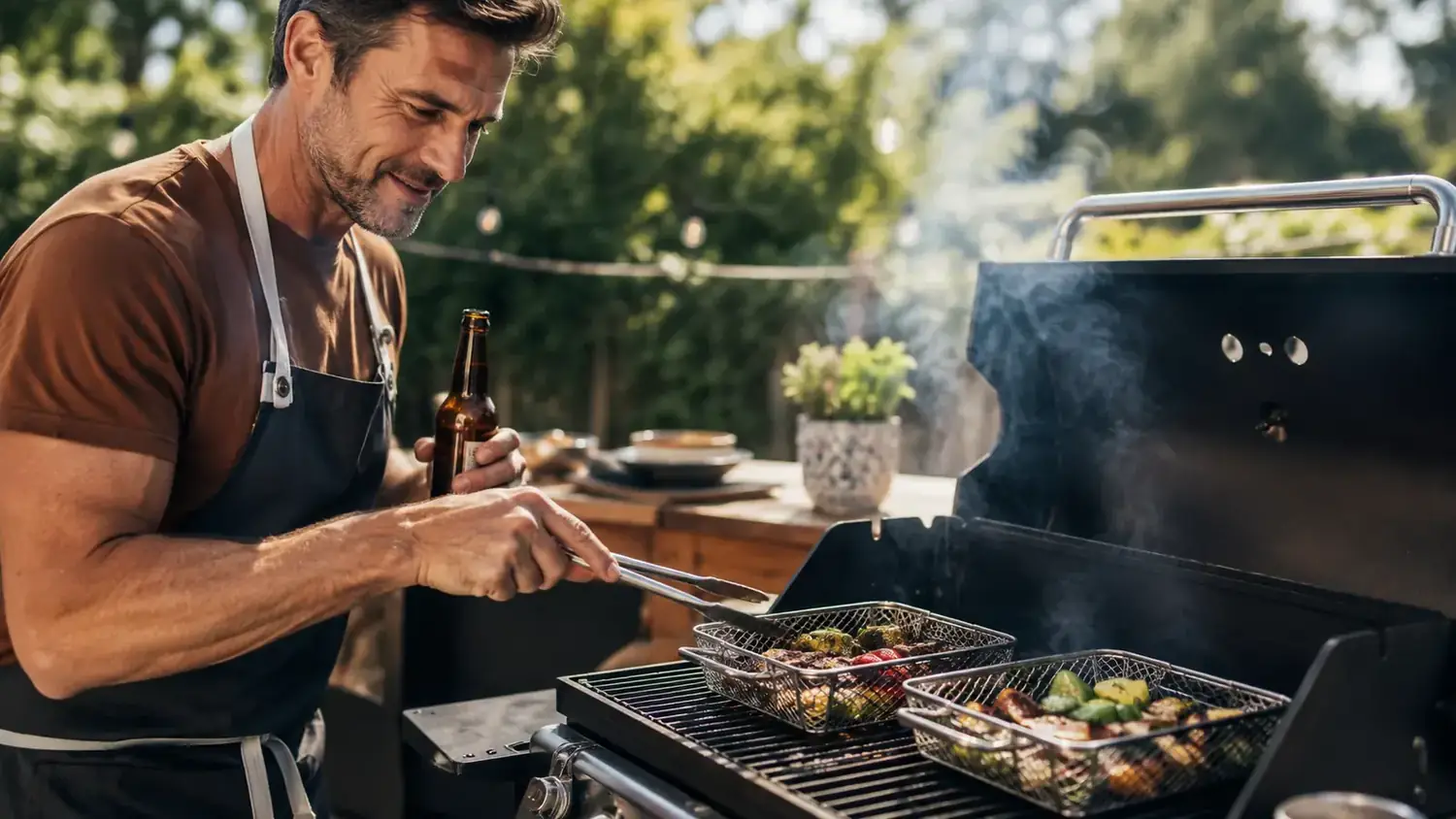 Two stainless steel grill baskets side by side on a backyard gas grill grate, vegetables cooking in one